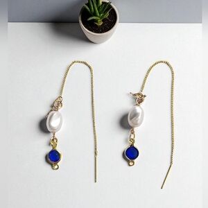 18K Gold Plated Threader Faux Pearl Gold Blue Faceted Zircon Dangle Ear…